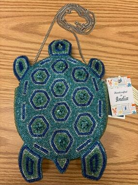 Handcrafted Sea Turtle Beaded Crossbody Bag in Teal and Blue